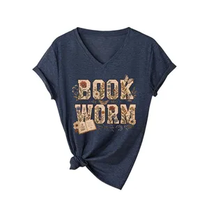 T-shirt Femme Casual Book Worm Col V Manches Courtes Imprimé Vintage Été Haut