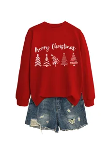 Detailed view of the red Christmas sweatshirt featuring cute tree print and festive lettering.