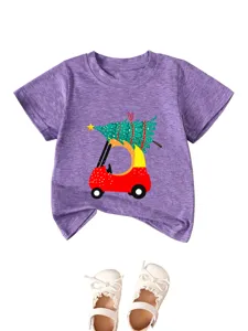 Children Christmas Tree Car Print Short Sleeve T-Shirt Casual Cute Daily Kids Top