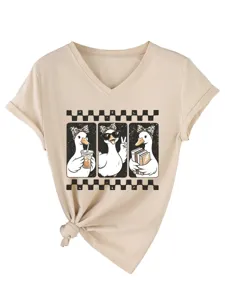 Γυναικείο casual T-shirt με V-λαιμόκοψη, κοντό μανίκι, αστεία στάμπα πάπιας και κόμπο.