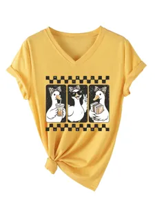 Γυναικείο Casual V-Neck Κοντομάνικο T-Shirt Χαριτωμένο Τρεις Πάπιες Καλοκαιρινό Top