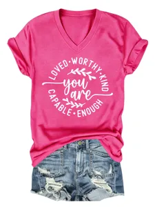 Roze V-hals korte mouw dames t-shirt casual stijl inspirerende letter print tee top