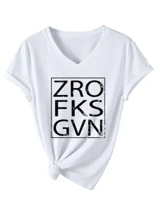 Women casual white V-neck short sleeve t-shirt with knotted hem and cool graphic letter print.