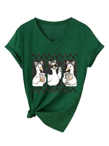 Γυναικείο χαριτωμένο t-shirt με τύπωμα πάπιας V λαιμόκοψη πράσινο καλοκαιρινό top