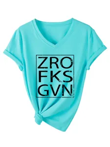 Turquoise V-neck short sleeve women T-shirt with front knot and stylish chest graphic print.
