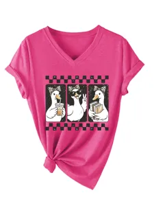 Χαριτωμένο γυναικείο T-shirt με V-λαιμόκοψη και κοντά μανίκια με σχέδιο πάπιας και κόμπο