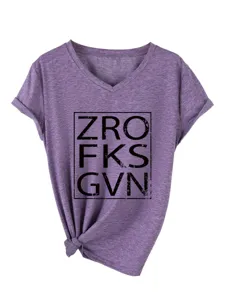 Women casual V-neck short sleeve t-shirt with knotted hem and stylish letter print design.