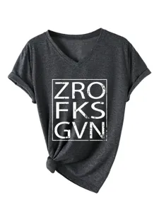 Detail of women short sleeve V-neck t-shirt in dark grey with graphic print and knot hem.