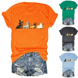 Women cute halloween dachshund short sleeve t-shirt casual crewneck tee with shorts