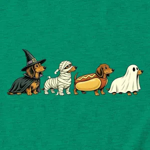 Detail view of the cute dachshund dog Halloween graphic print on green cotton t-shirt fabric.