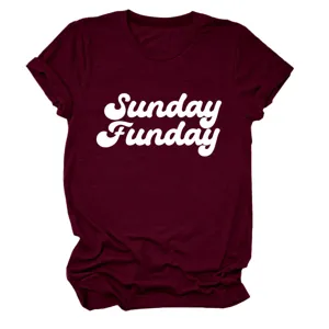 Dames Sunday Funday Korte Mouw T-Shirt Casual Bedrukt Ronde Hals Bordeaux Rode Top