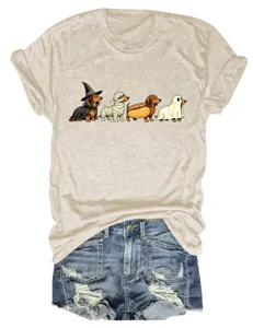 Cute Halloween Dachshund Dog Print Women Casual Crewneck Short Sleeve T-Shirt Denim Shorts