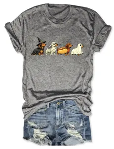 Cute Halloween dachshund graphic t-shirt paired with denim shorts for casual wear.
