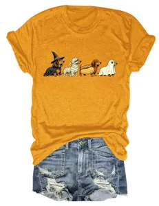 Cute Halloween dachshund ghost graphic crew neck short sleeve women casual t-shirt top.