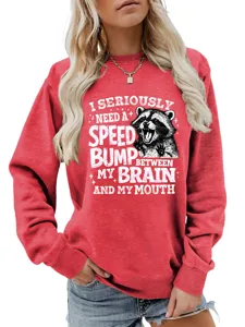 Damen lustiger grafischer roter Pullover lässiges Langarm-Oberteil mit Waschbär-Druck.