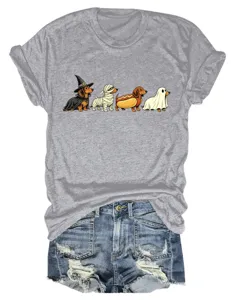 Close-up detail of the funny Halloween dachshund graphic on the grey crew neck tee shirt.