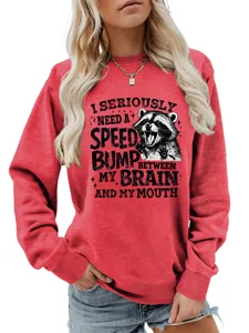 Nahaufnahmedetail eines roten Rundhals-Sweatshirts mit lustigem Waschbär-Grafikdruck.