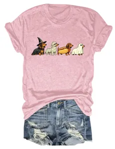 Cute Halloween dachshund graphic t-shirt detail paired with stylish distressed denim shorts.