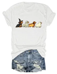 Close-up detail view of the cute Halloween dachshund graphic print on white short sleeve t-shirt.