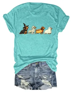 Women's cute Halloween dachshund graphic short sleeve crew neck t-shirt top casual