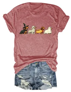 Women cute Halloween dachshund graphic short sleeve crew neck t-shirt with denim shorts detail view.