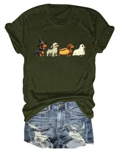 Close-up detail of women's funny dachshund Halloween t-shirt paired with denim shorts.