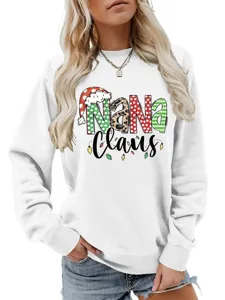 Women Christmas Nana Claus Sweatshirt Long Sleeve Pullover Holiday Cute Graphic Top White