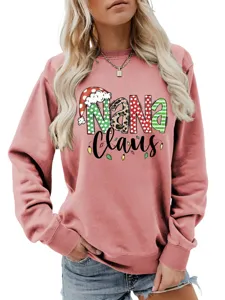 Detailed view of the women Christmas Nana Claus graphic sweatshirt with festive polka dots.