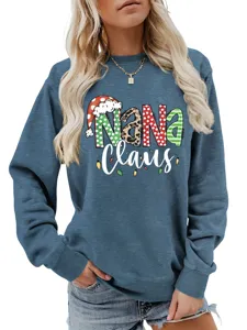 Close-up view of the funny Christmas Nana Claus graphic print on the stylish blue sweatshirt.