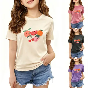 Cute kids fruit print short sleeve t-shirt, comfortable crewneck top for daily wear.