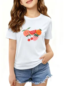 Kids cute fruit print white t-shirt detail showcasing playful cartoon graphic design.