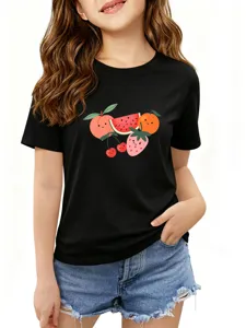 Cute cartoon fruit print black crew neck short sleeve t-shirt front graphic detail view.