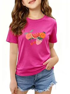 Cute fruit print detail on soft pink children short sleeve t-shirt close up view
