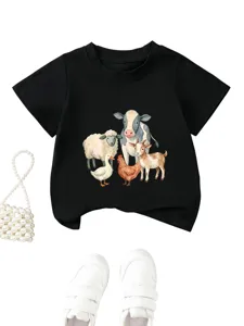 Cute farm animals black kids t-shirt, comfortable crew neck short sleeve top for boys and girls.