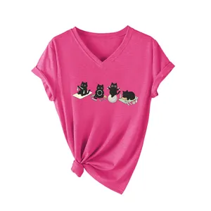 T-shirt femme mignon chats noirs yoga imprimé col V manches courtes haut décontracté chic