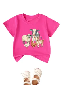 Detailed view of the cute watercolor farm animal short sleeve t-shirt for kids, pink.