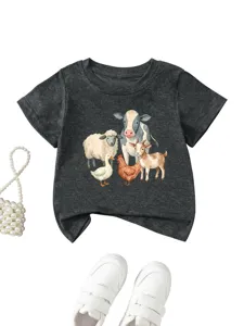 Cute kids dark grey short sleeve t-shirt featuring lovely farm animals watercolor print style.