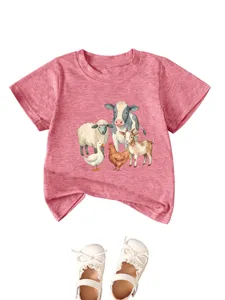 Kids short sleeve t-shirt pink watercolor farm animals tee casual children top clothing