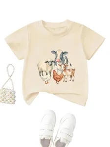 Cute kids short sleeve cotton t-shirt with lovely watercolor farm animals print top.