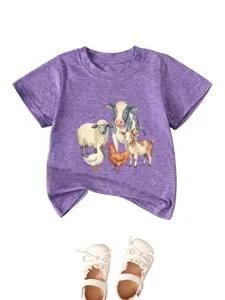 Kids short-sleeve t-shirt with cute watercolor farm animals print, soft casual top.