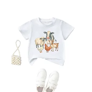 Kids cute farm animal print short sleeve t-shirt casual white cotton daily tee top