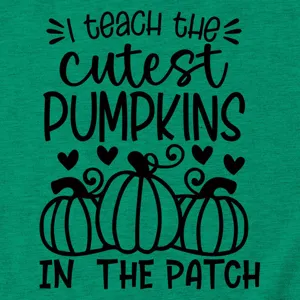 Teacher pumpkin graphic t-shirt close up, green short sleeve tee detail, cute autumn top.