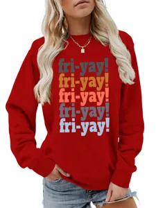 Casual women's red long sleeve sweatshirt featuring retro stacked fri-yay text print.