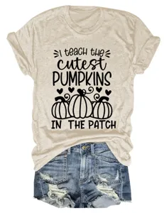 Casual women short sleeve round neck t-shirt featuring cute pumpkin graphic print detail.