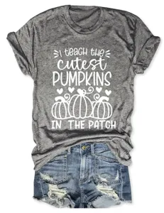 Casual grey short sleeve t-shirt featuring cute pumpkin text print and denim shorts set.