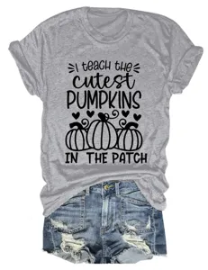Grey short sleeve tee featuring cute autumn pumpkin print and casual denim shorts detail.