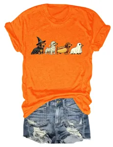 Cute Halloween dachshund graphic print orange short sleeve crew neck women T-shirt detail view.