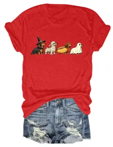Detail view of the cute Halloween dachshund graphic print on a soft red short-sleeve tee.