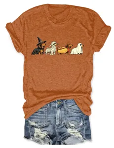 Cute halloween dachshund short sleeve t-shirt paired with denim shorts for women casual wear.
