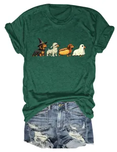 Women's Cute Halloween Dachshund Graphic Short Sleeve T-Shirt with Denim Shorts Outfit